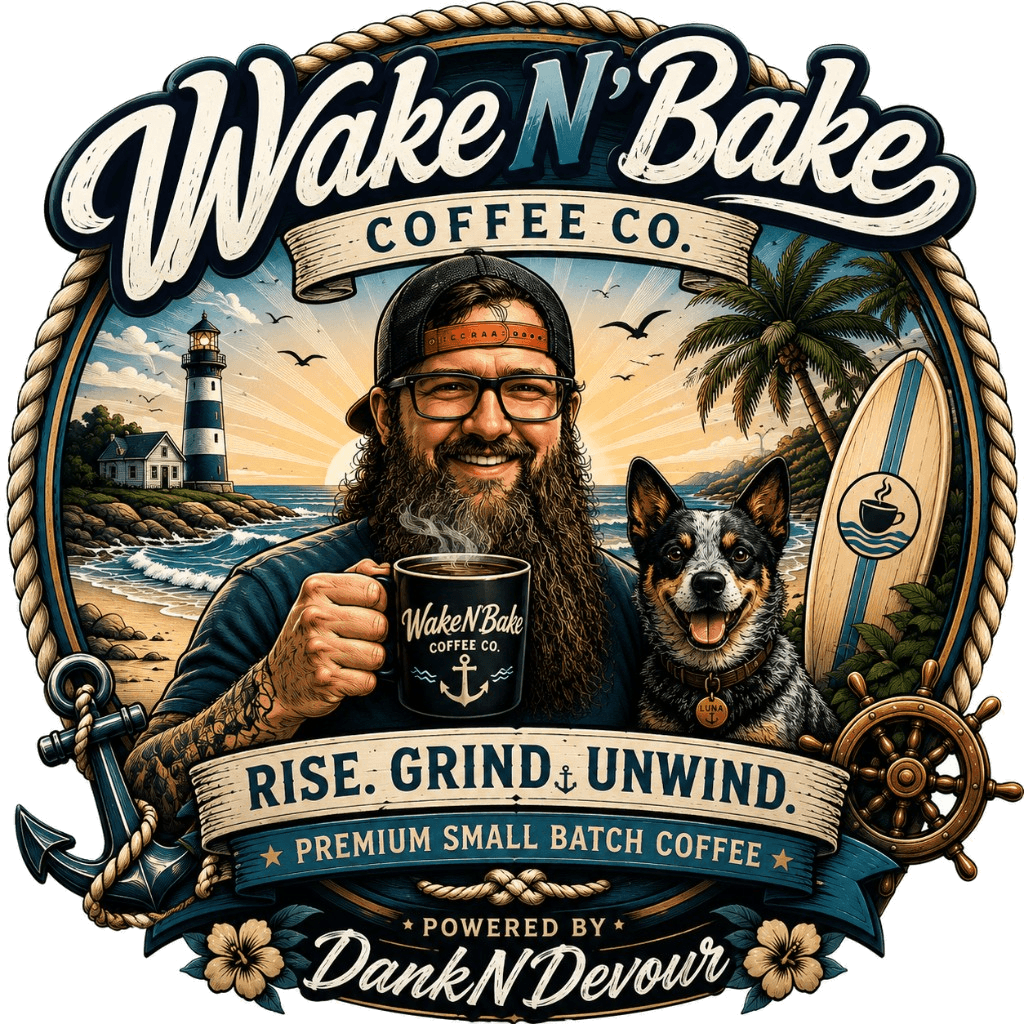 Wake N' Bake Coffee Co. logo featuring a coastal sunrise badge with coffee mug